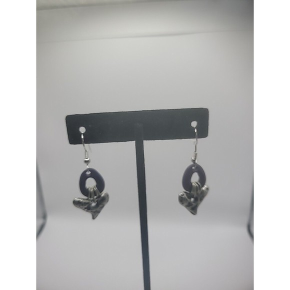 Vintage Silver Tone Drop Dangle Purple Hoop Pierced Womens Jewelry Costume - Picture 12 of 12